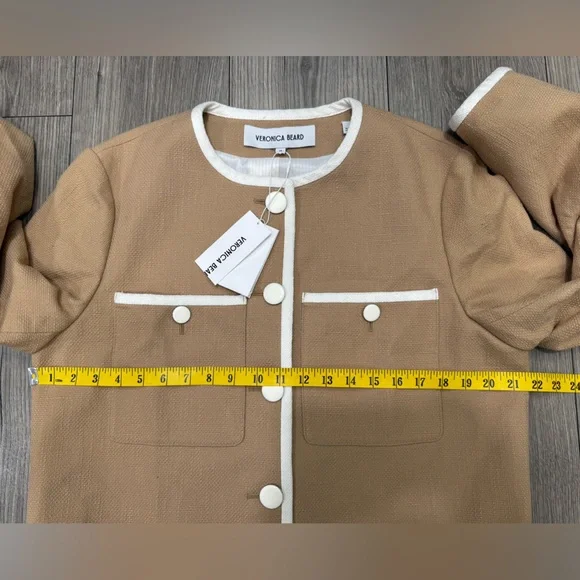 Veronica Beard Beale Contrast Detail Cotton Blend Tweed Jacket in Khaki Size 14 - Picture 10 of 14
